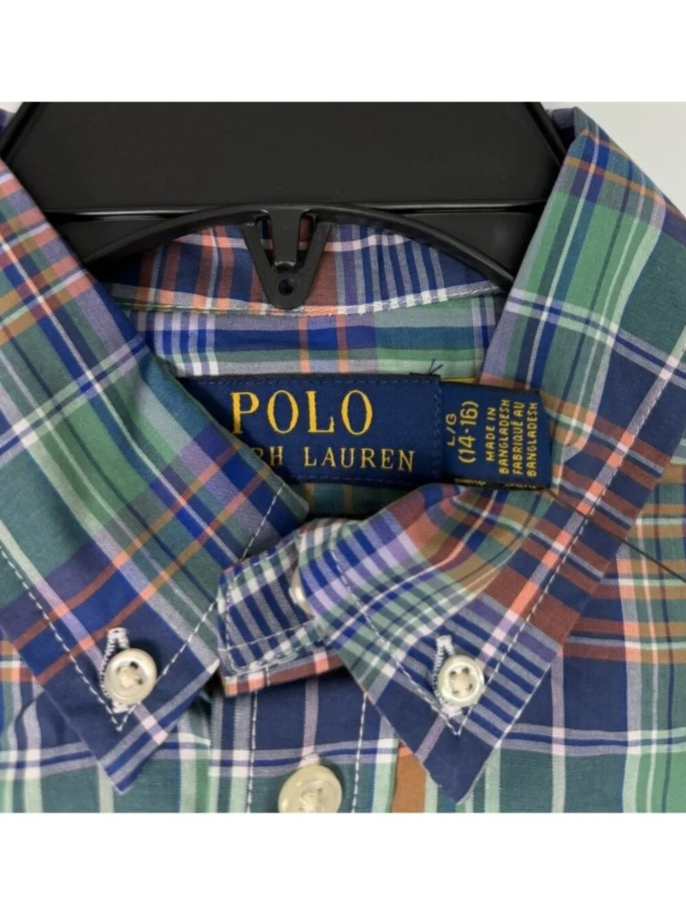 Ralph Lauren LARGE 14-16 Polo Plaid Cotton Poplin Buttondown Stretch Shirt NEW